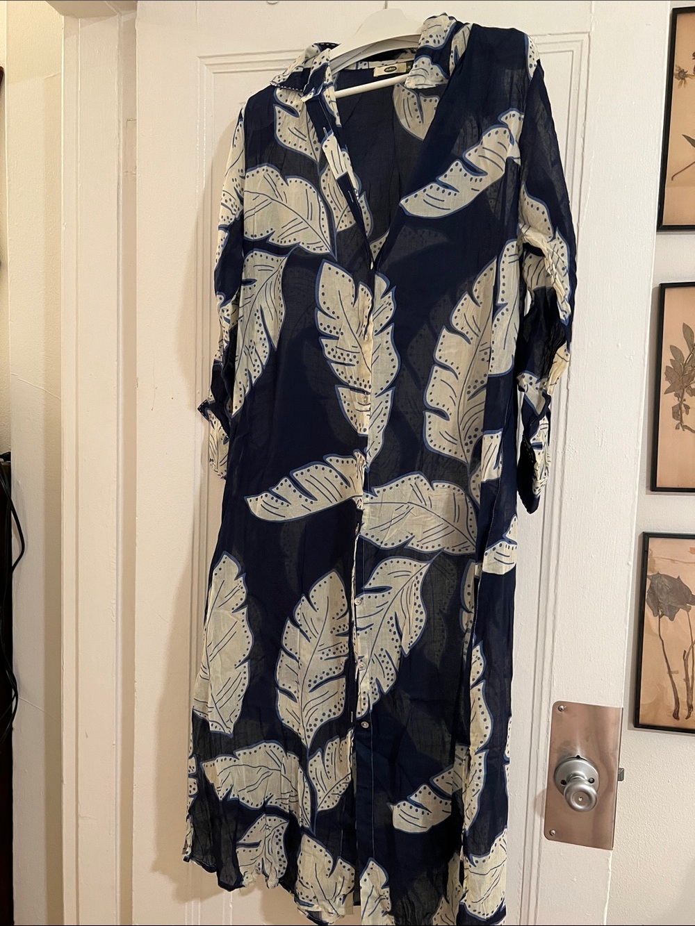 Navy Blue Midi Shirt Dress with Cream Leaf Print